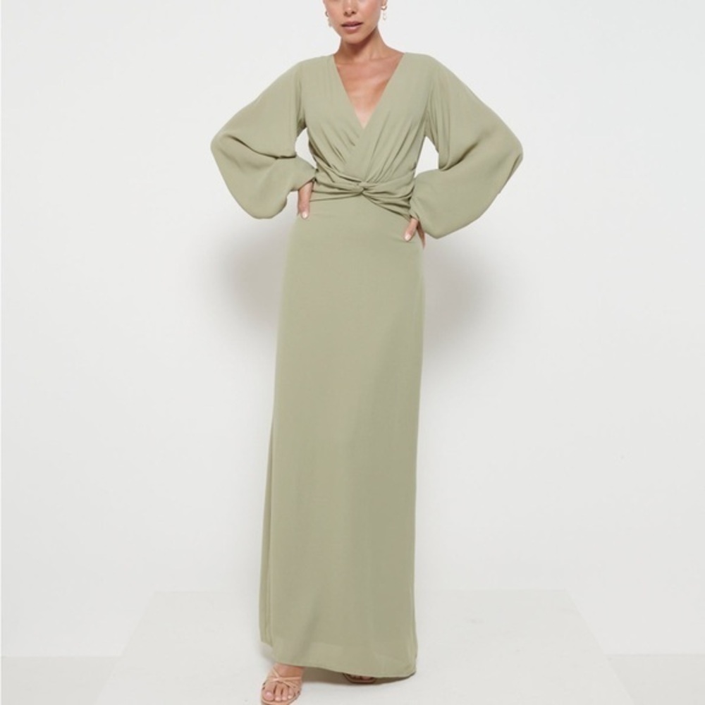 Pretty Lavish Olive Sage Green Nellie Knot Maxi Long Sleeve Dress Sz. 2 NWT!